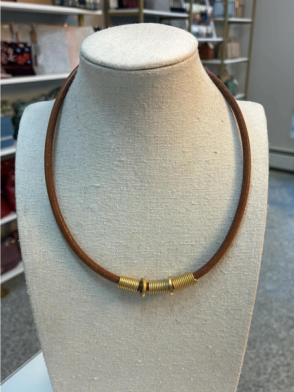 Free People Brown Leather Necklace with Gold Coil Accents